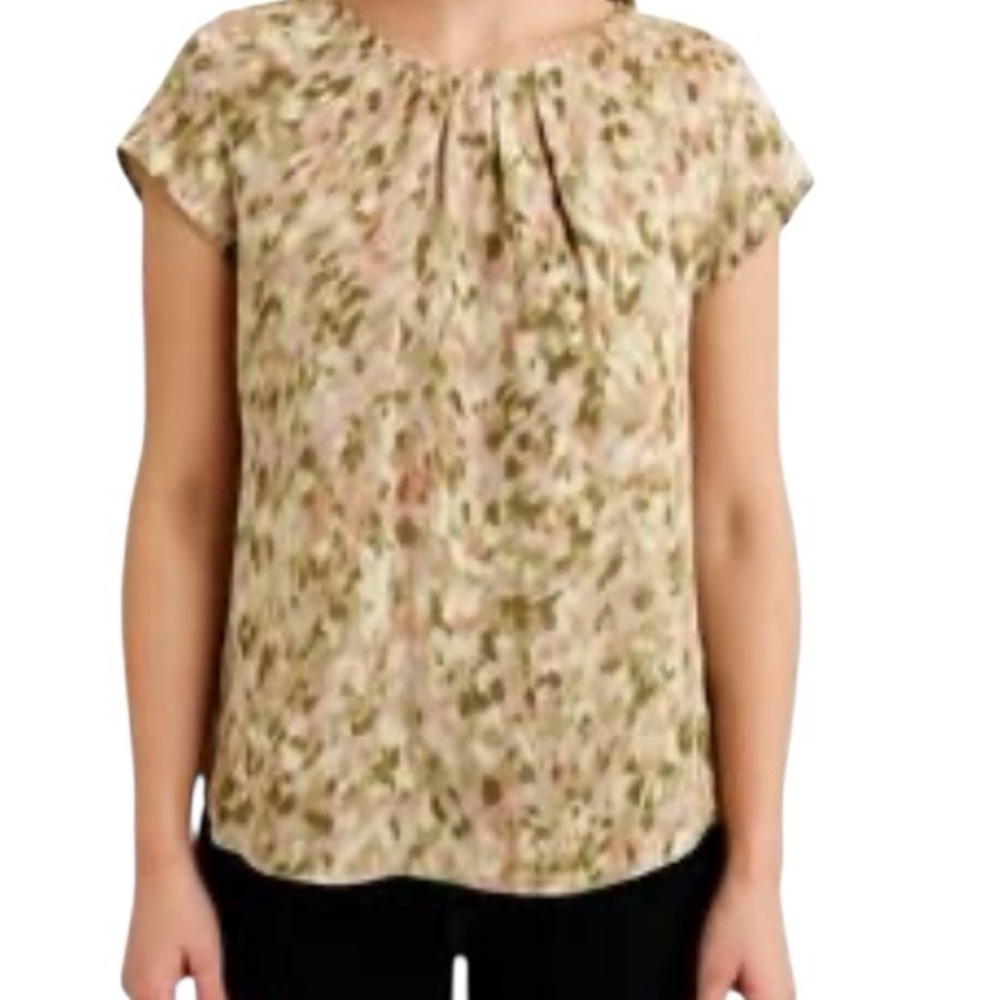 41 Hawthorn Cap Sleeve green cream & pink abstract floral Blouse size Large NWT
